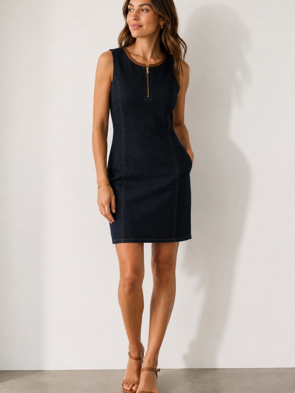 Lauren Ralph Lauren Denim Shift Dress Sleeveless Zip Neck Dark Wash Size 4